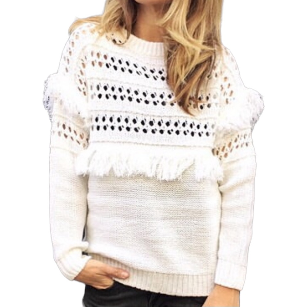 J.O.A. Ivory Fringe Detail Boho Sweater Size XS